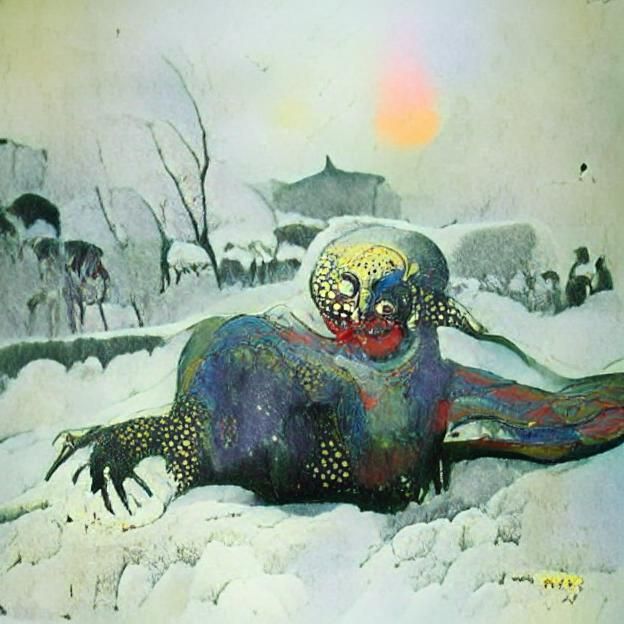 Creepy Snow Monster Concept Art in Horror Style