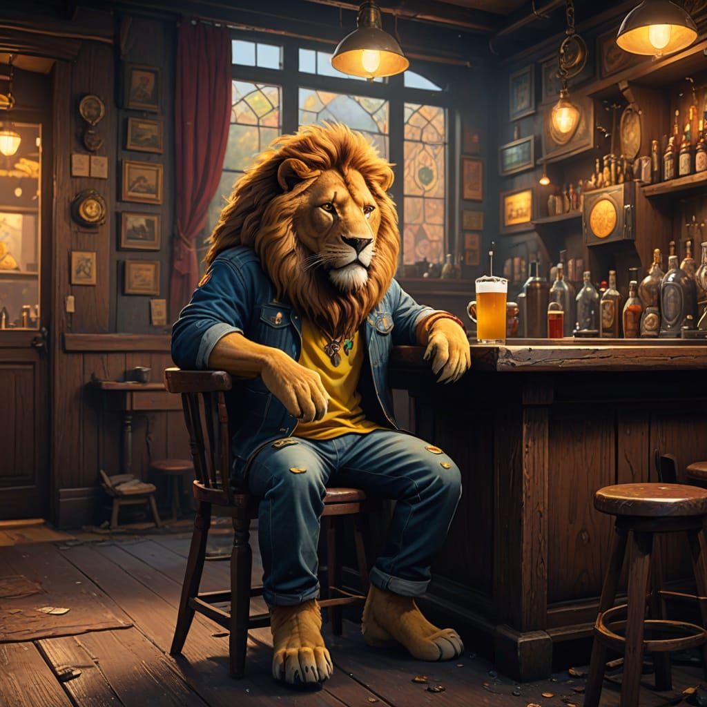 King Lion Sits Back with a Cold Beer in a Smoky Jazz Club
