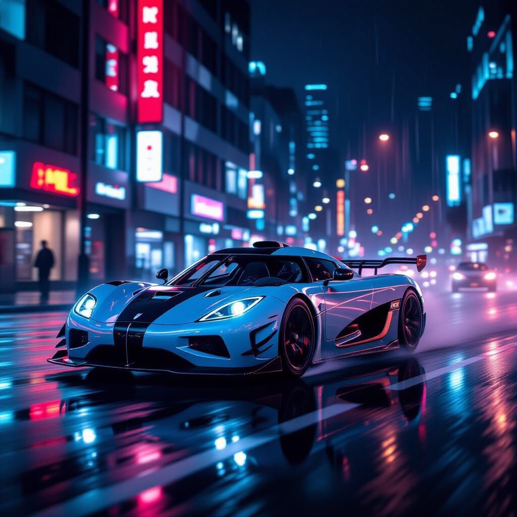 Koenigsegg F1 Car Speeds Through Neon City Night