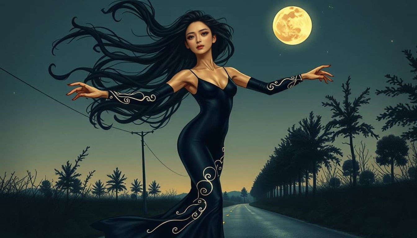 Whirling Dark Hair Fantasy Dancer Under the Moonlit Night