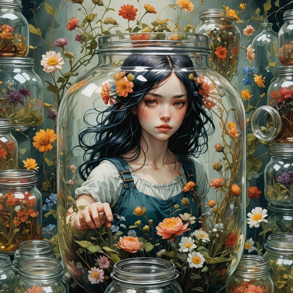 Flora in Jar: Dripping Ink and Watercolor Art