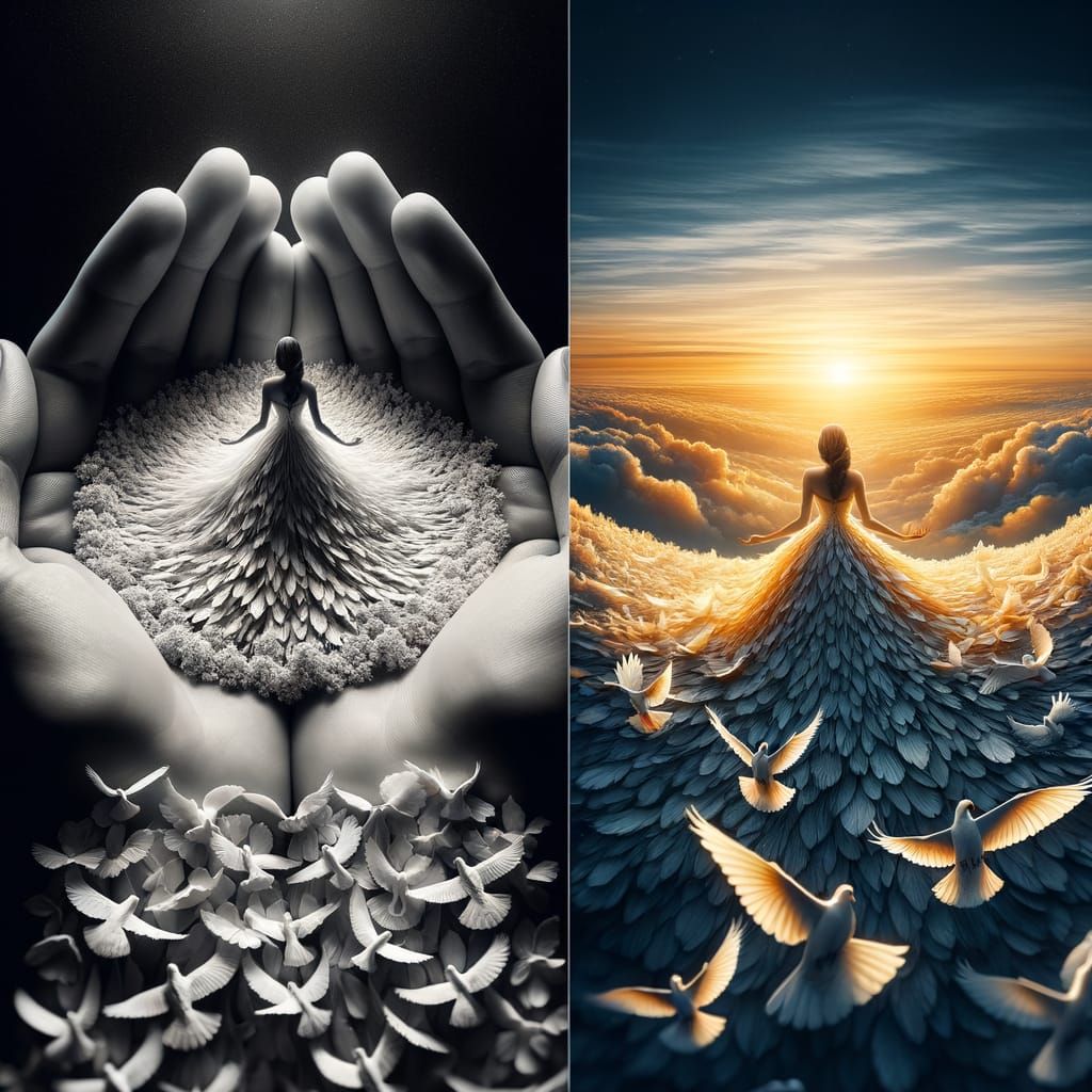 Woman in Dove Dress, Surrounded by Miniature Landscape in Cu...