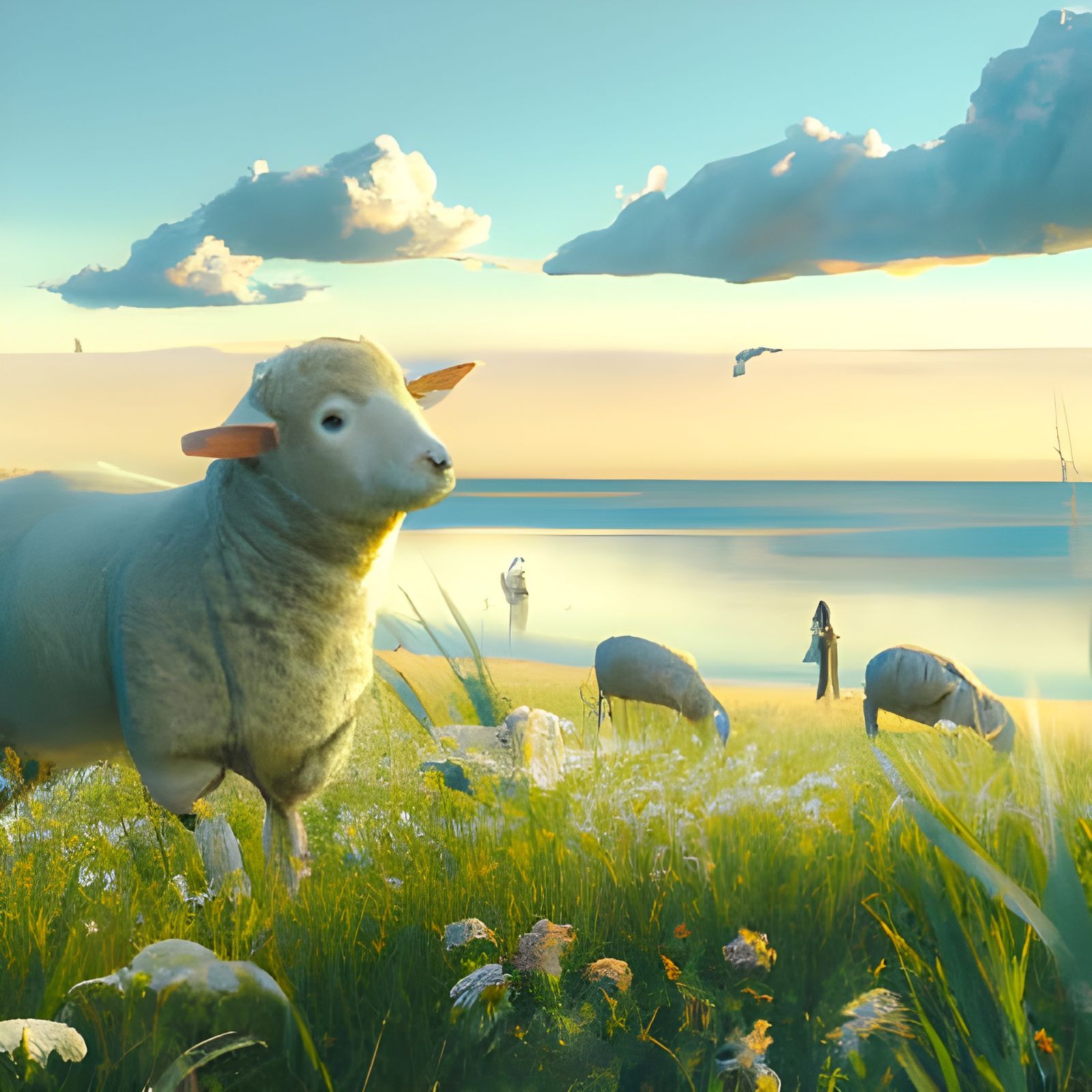 Sheep on Coastal Grassland in Anime Style