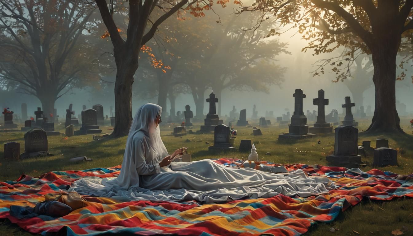 Picnic with a Ghost in Cemetery, Digital Art