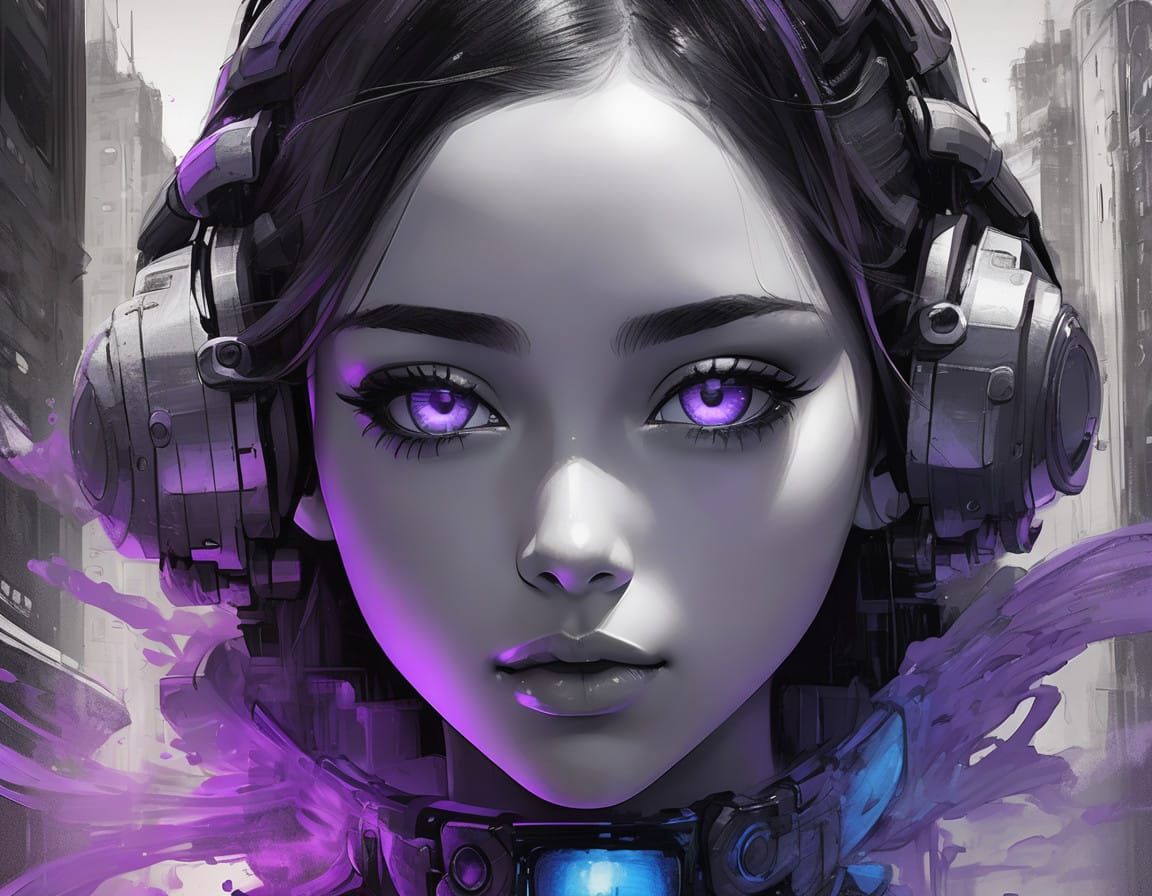 Futuristic Cyborg in Dreamy, Impressionist Cityscape