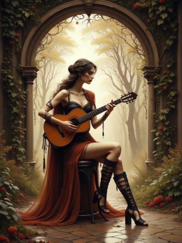 Woman Plays Guitar in Futuristic Roman Style