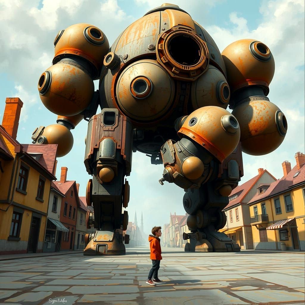 Rusting Robot Wreck in Retro-Futuristic Town Square