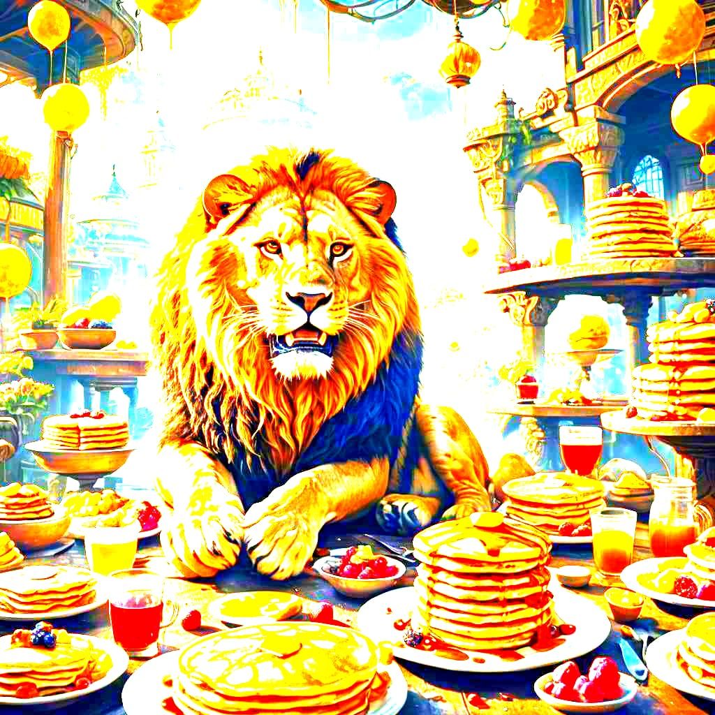 Lion Eats Pancakes: Detailed Digital Matte Painting