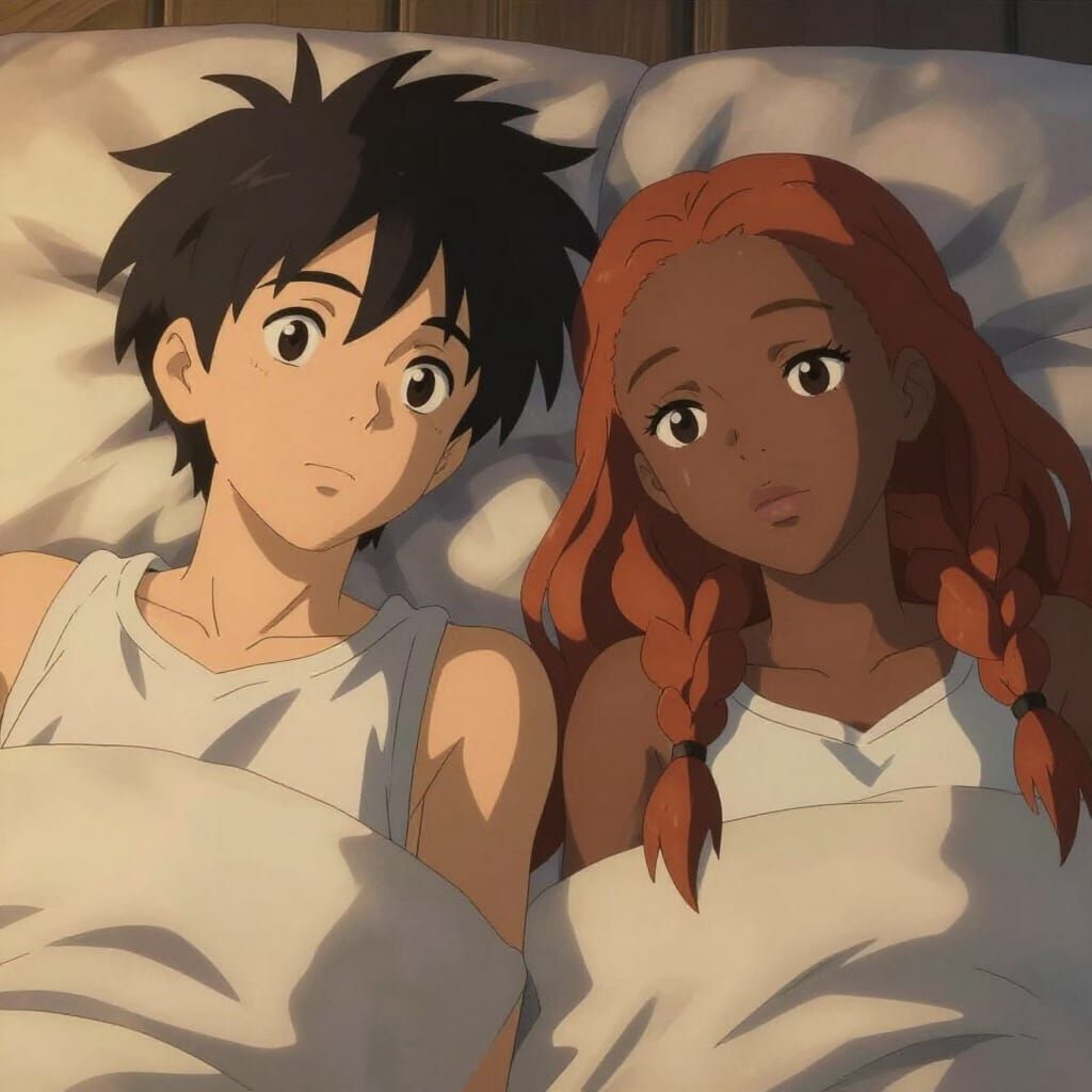 Anime Couple's Intimate Moment in Soft Warm Light