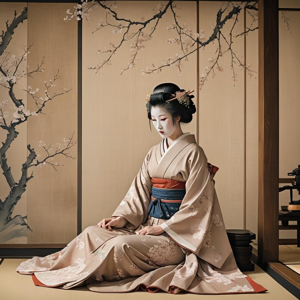 Geisha in Ukiyo-e Style with Cherry Blossoms