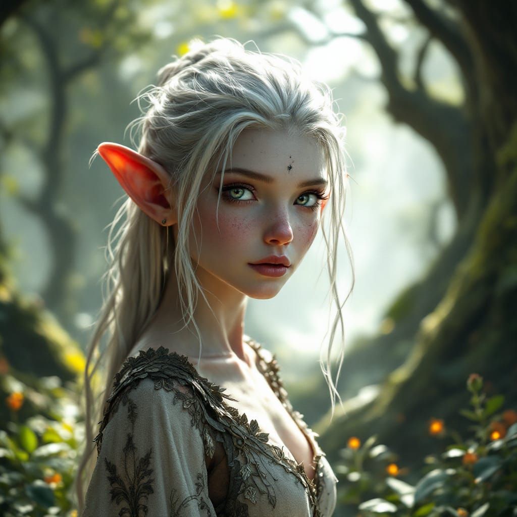 Photorealistic Elf in Enchanted Forest Landscape