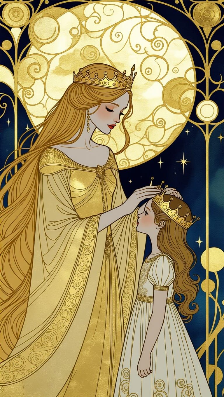 Golden Goddess Places Crown on Young Maiden's Head in Whimsi...