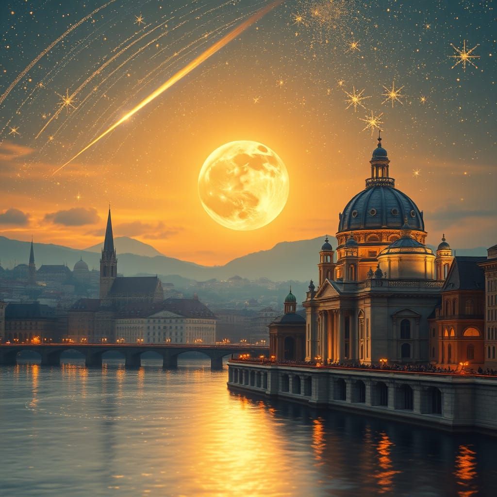 Surreal Cityscape at Dusk with Yin Yang Symbol and Celestial...