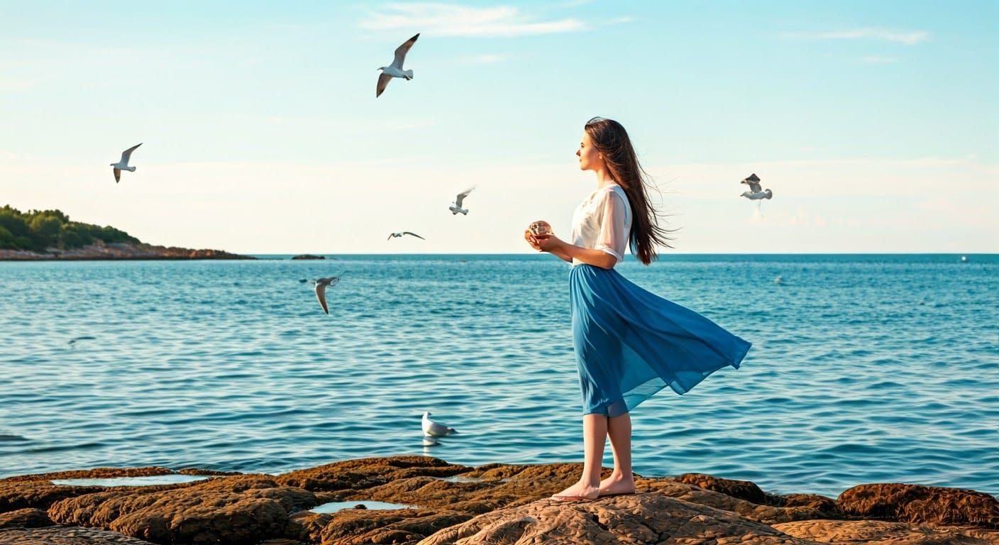 Serene Young Woman on Rocky Shores in Ethereal Light