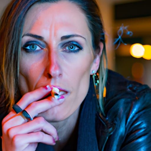 Woman Smoking in Bar with Leather Jacket