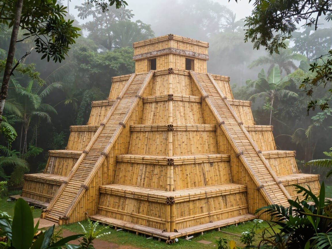 Bamboo Kukulcan Temple in Lush Jungle Clearing