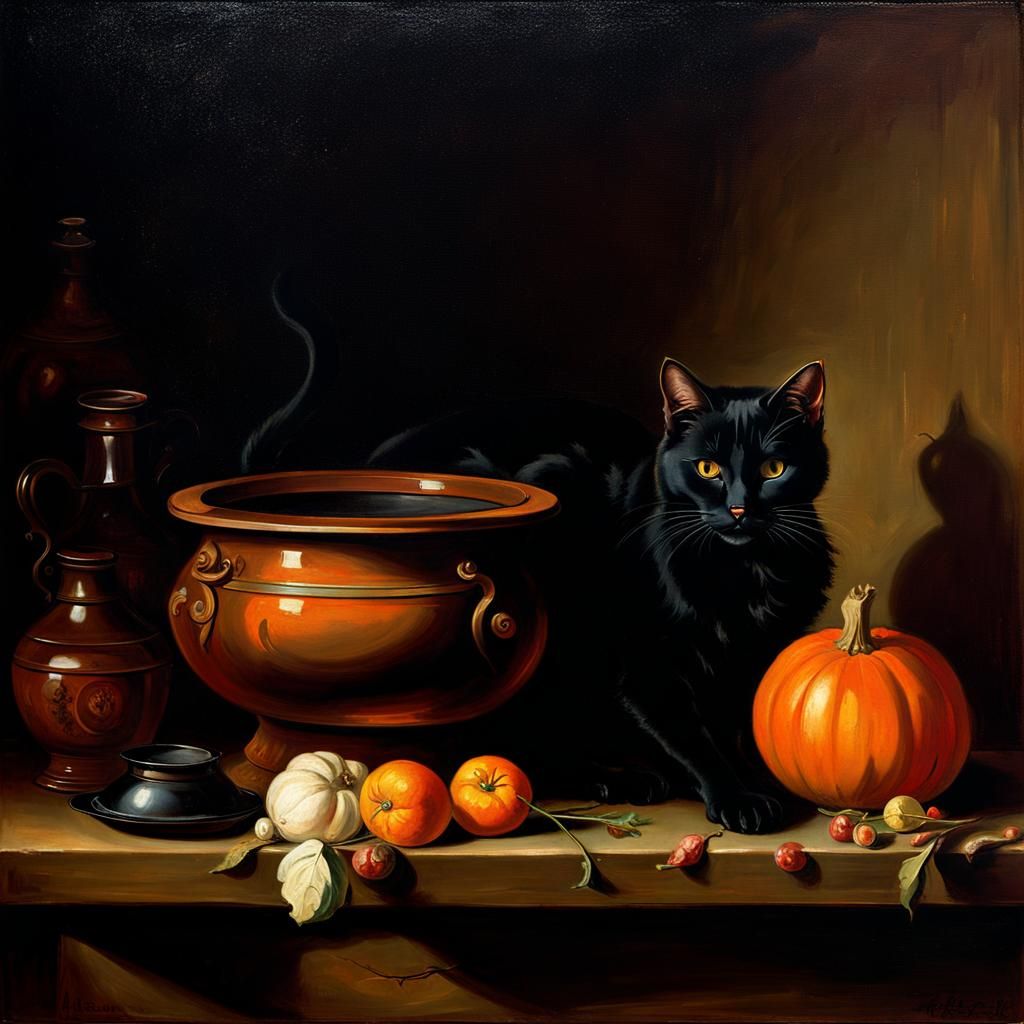 Black Cat in Witch's Kitchen: Baroque Still Life
