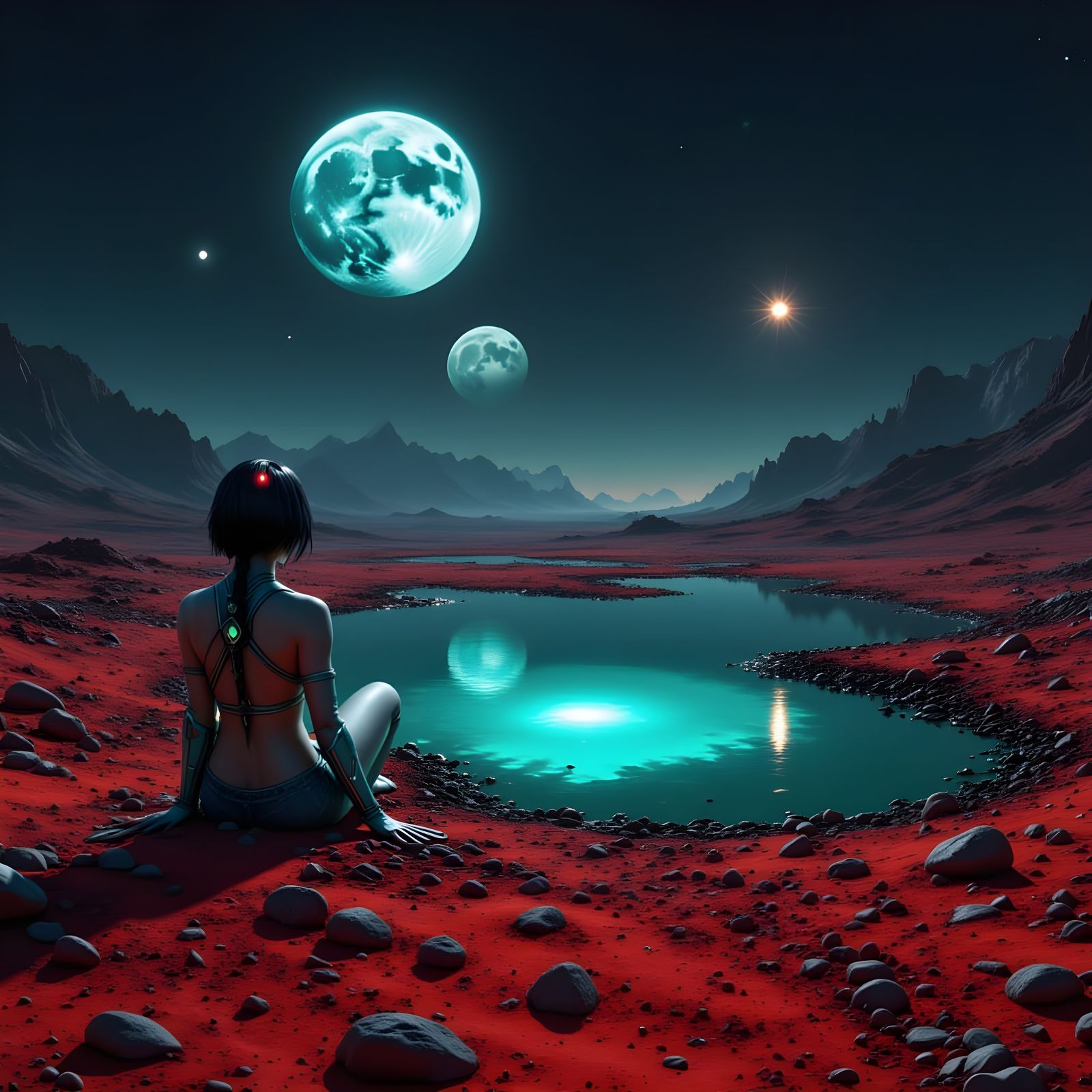 Bioluminescent Lady on Scarlet Plains in Fantasy Art
