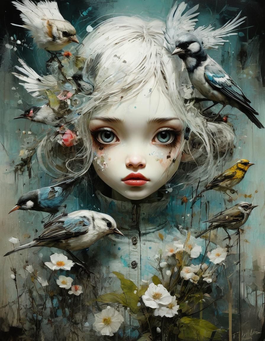 Cute Girl Hiding in Magical Garden, Mixed Media Collage