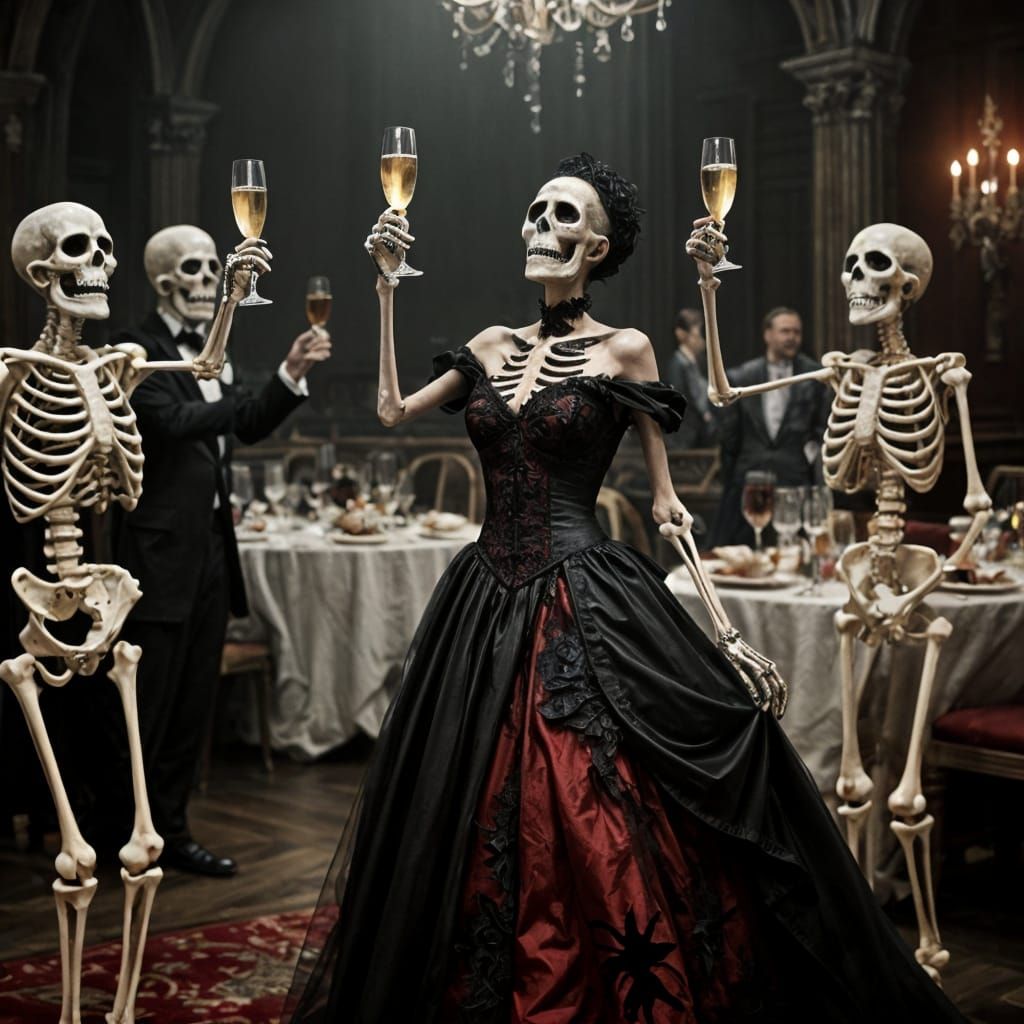 Gothic Skeletons Toasting in Dramatic Ballroom