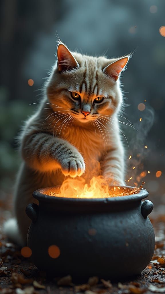 Anthropomorphic Cat Conjuring Spells in Cauldron