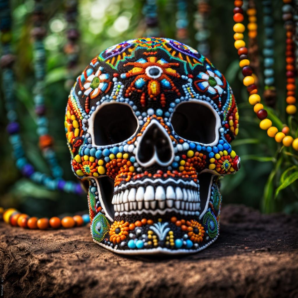 Huichol Beaded Skull in Jungle, Hyperrealistic Detail