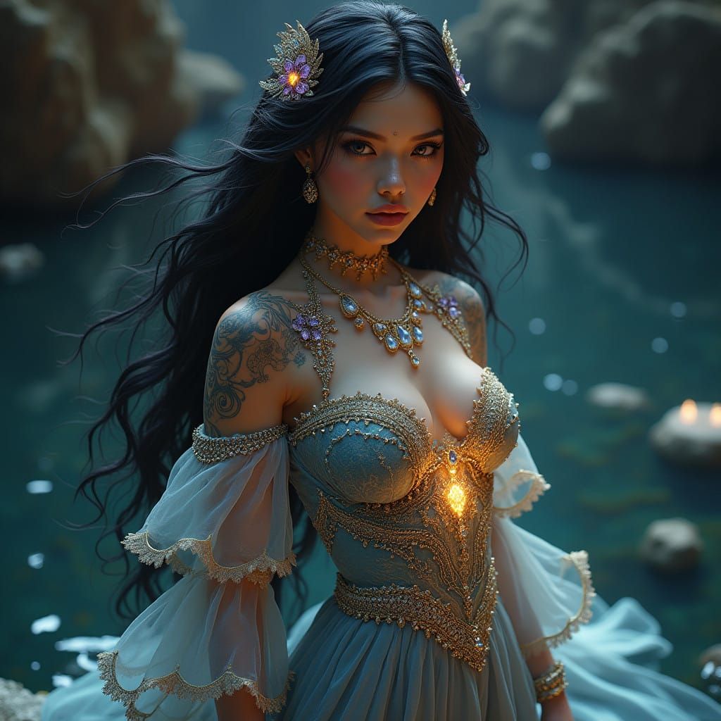 Hyperrealistic Portrait of a Water Elemental Goddess in Vibr...