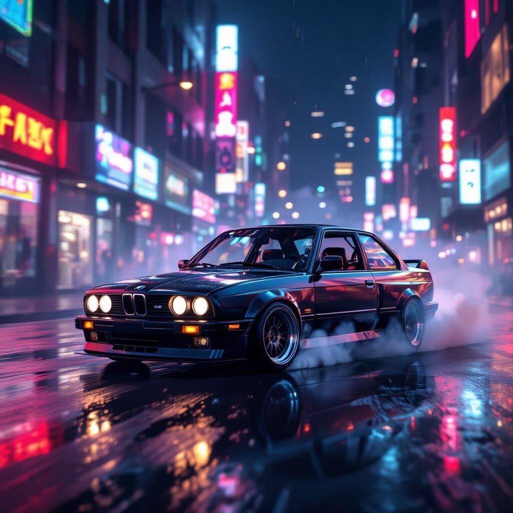 Matte Black BMW E30 Drifting at Night in Neon City