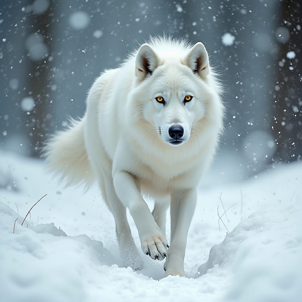 Majestic White Wolf Runs Through Snowy Blizzard in Dreamy La...
