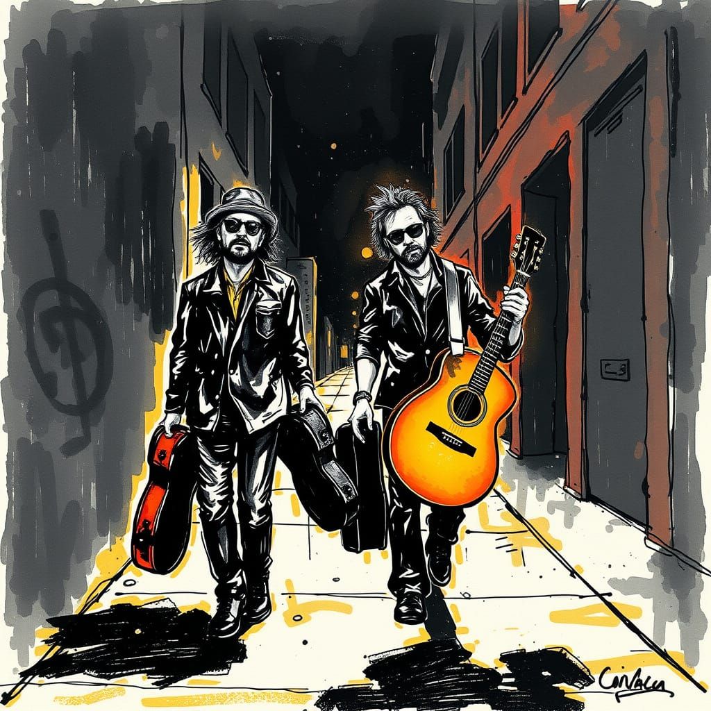 Musicians Stroll Midnight Sidewalk with Abstract Alcohol Ink...