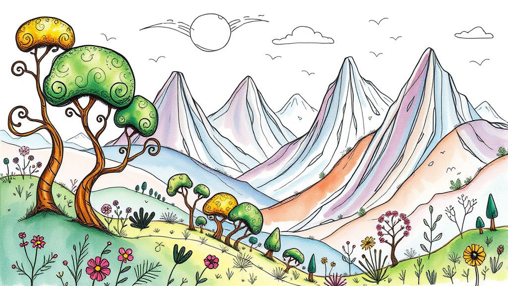 Whimsical Doodle Landscape with Sketchy Mountains