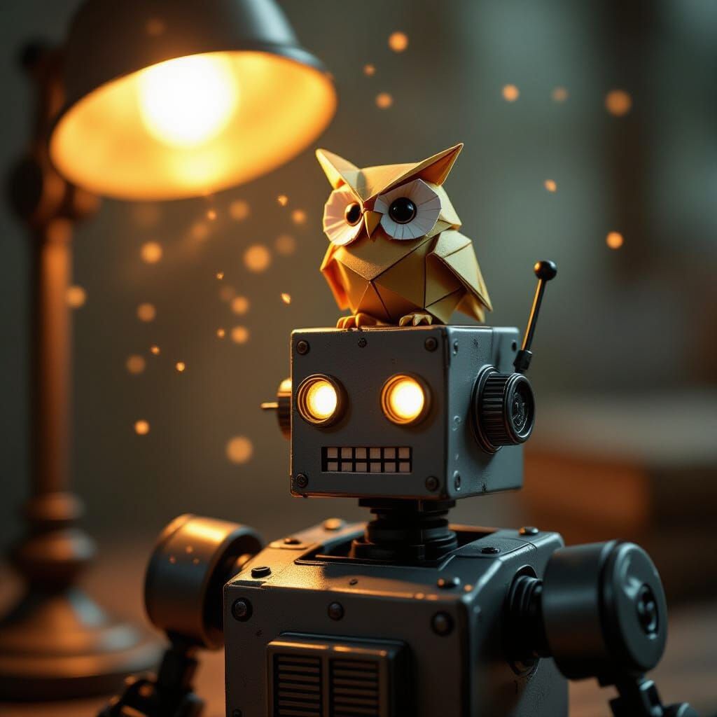 Origami Owl on Killer Robot, Vintage Lamp Glow