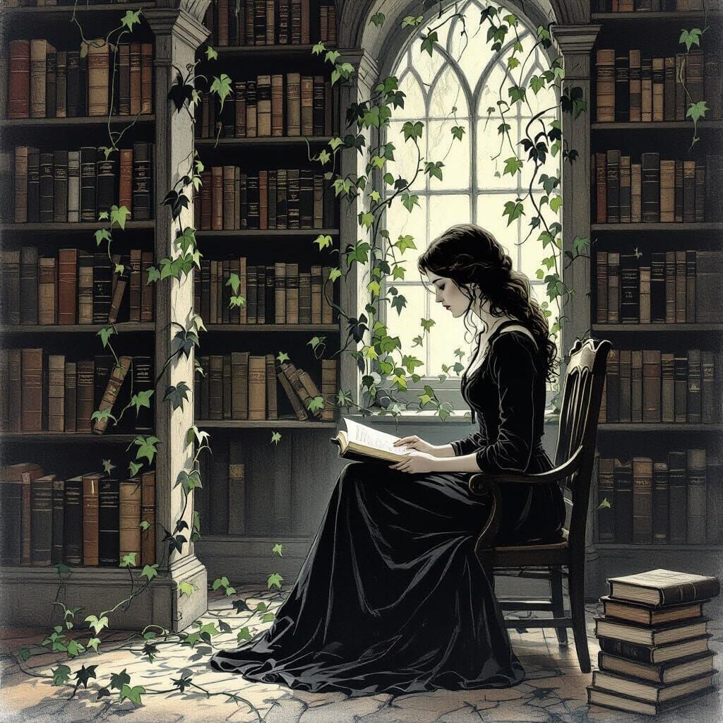 Woman in Ancient Library with Creeping Vines
