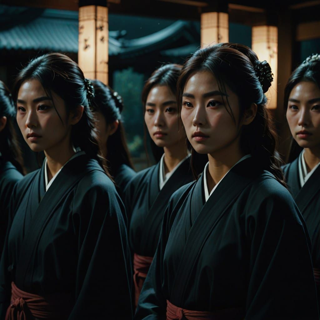 Ghostly Japanese Priestesses in Hyperrealistic Film Still
