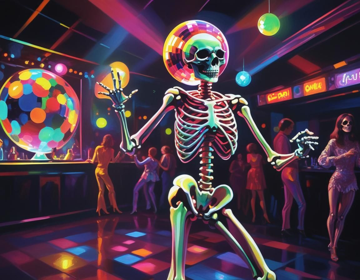 Skeletal Disco Dancer in Fauvist Pop Art Style