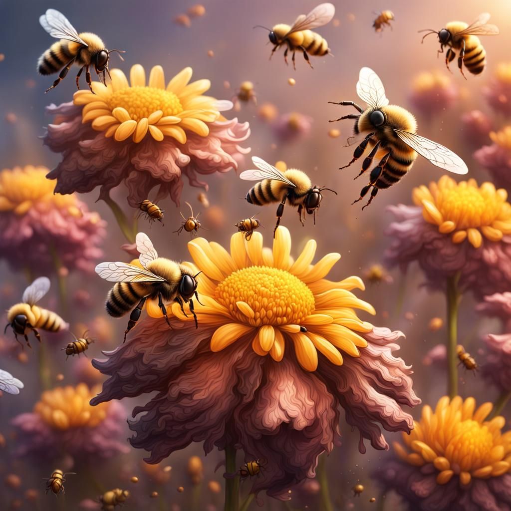 Bees Fly to Last Flower: Hyperrealistic Splash Art