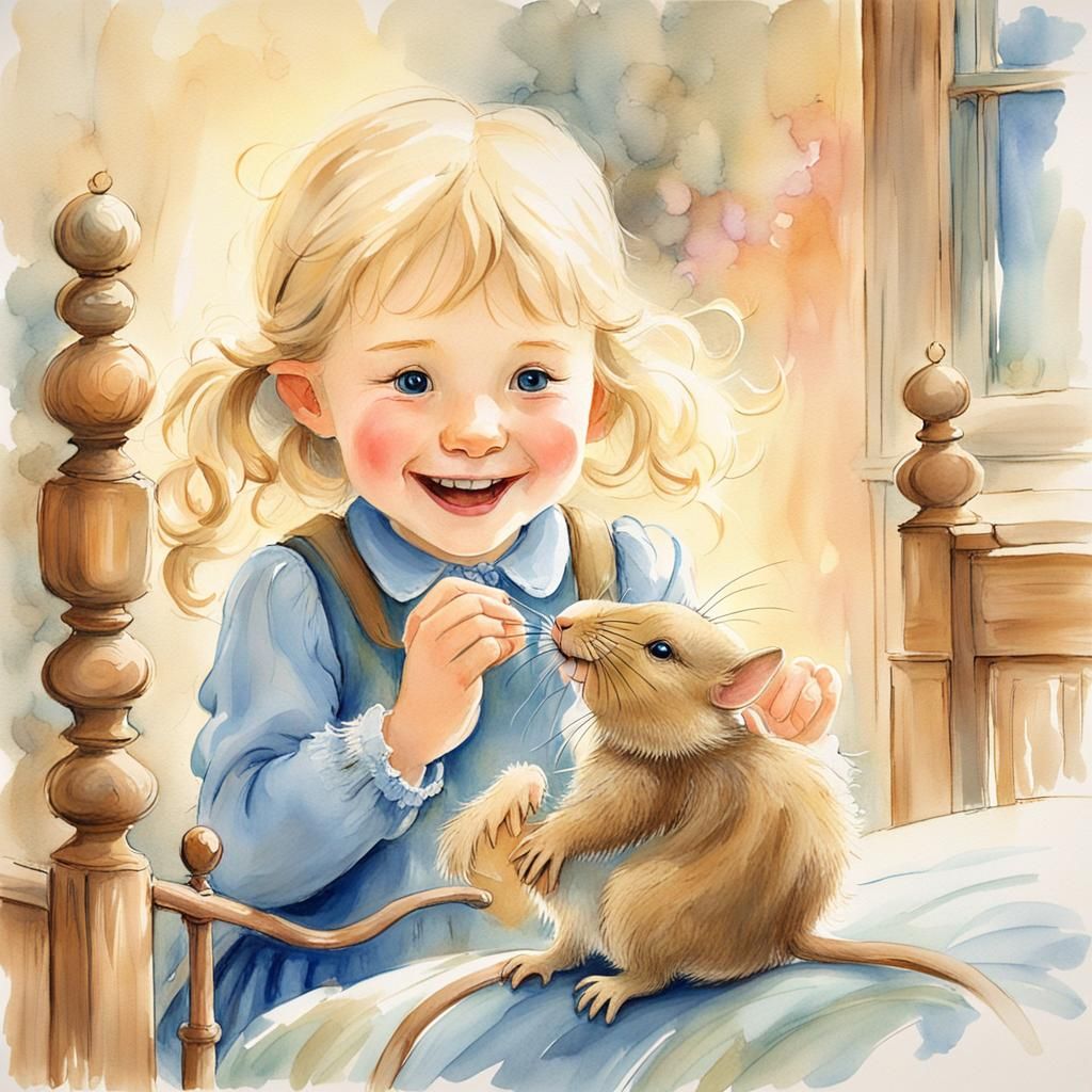 Girl and Mouse in Whimsical Watercolor Illustration