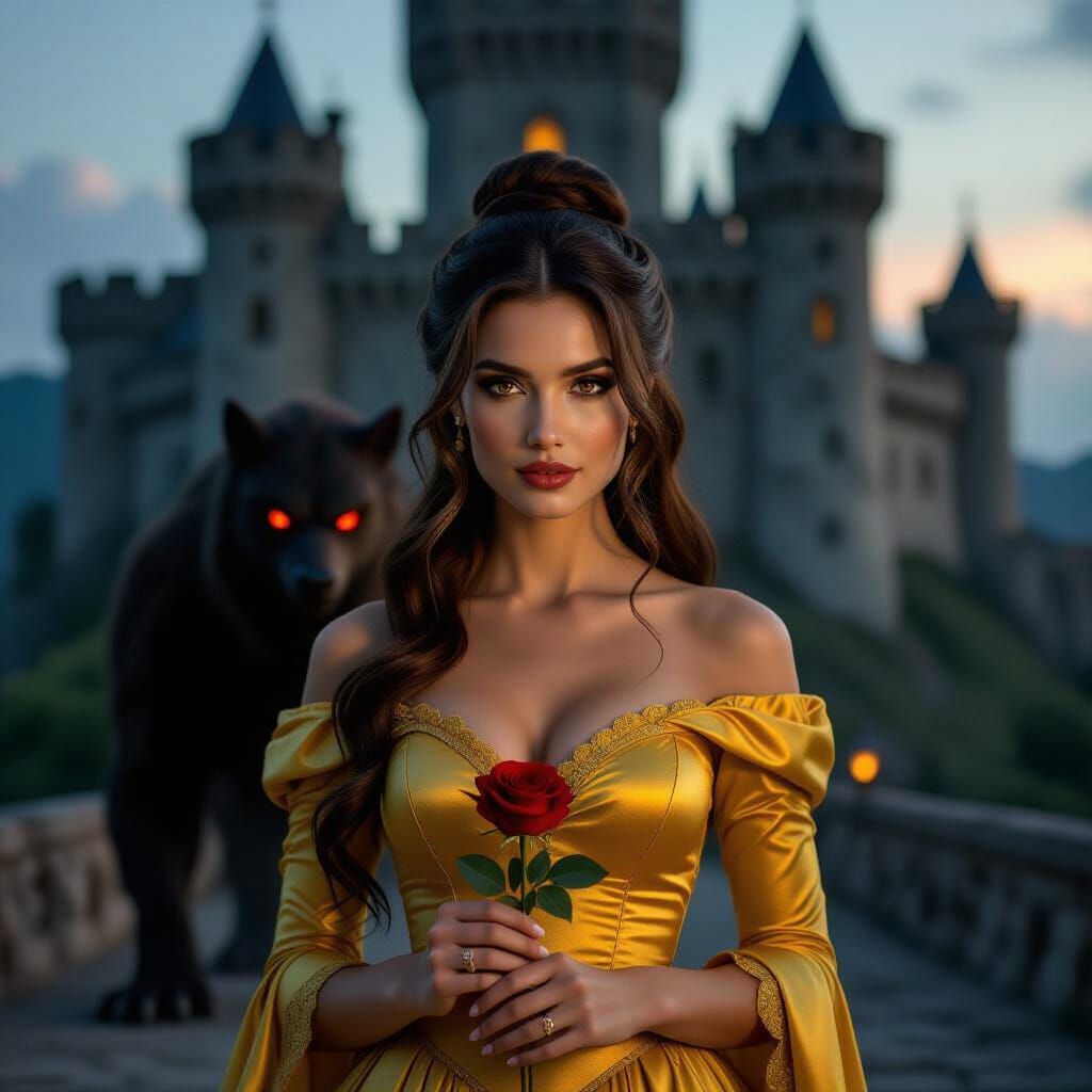 Woman in Gown Before Castle with Shadowy Beast