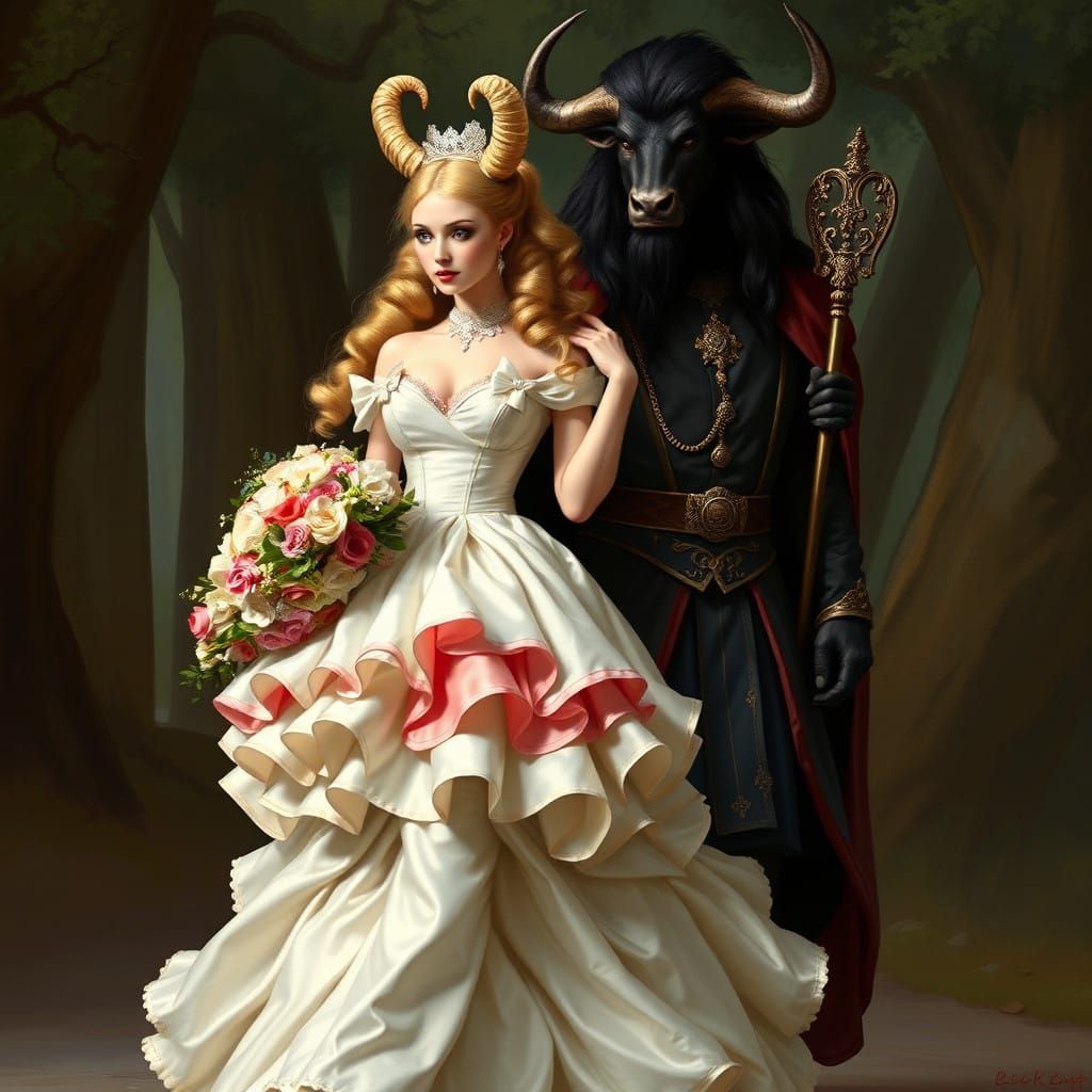 Regal Minotaur King and His Delicate Bride in Whimsical, Rom...