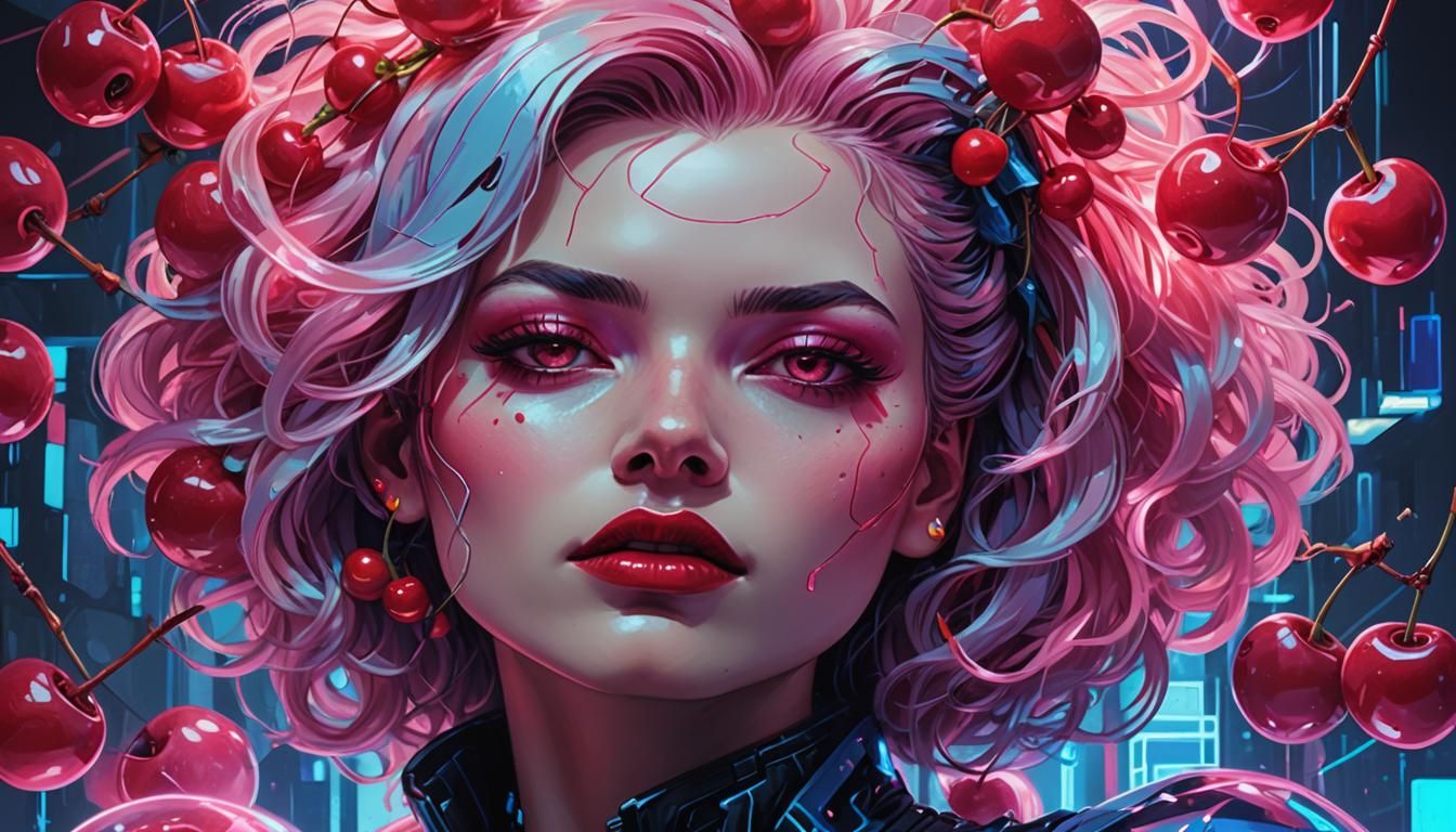 Cyberpunk Girl with Cherries: A Retro-Futuristic Portrait