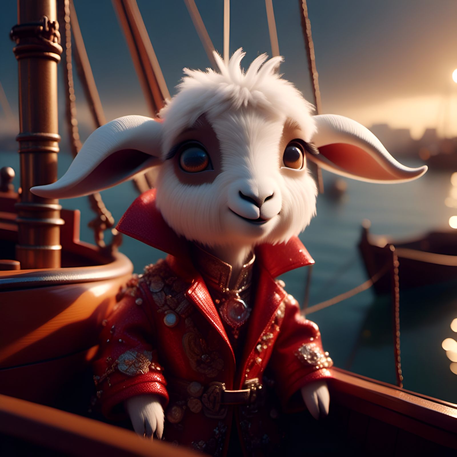 Chibi Goat in Coat on Boat: Digital Art