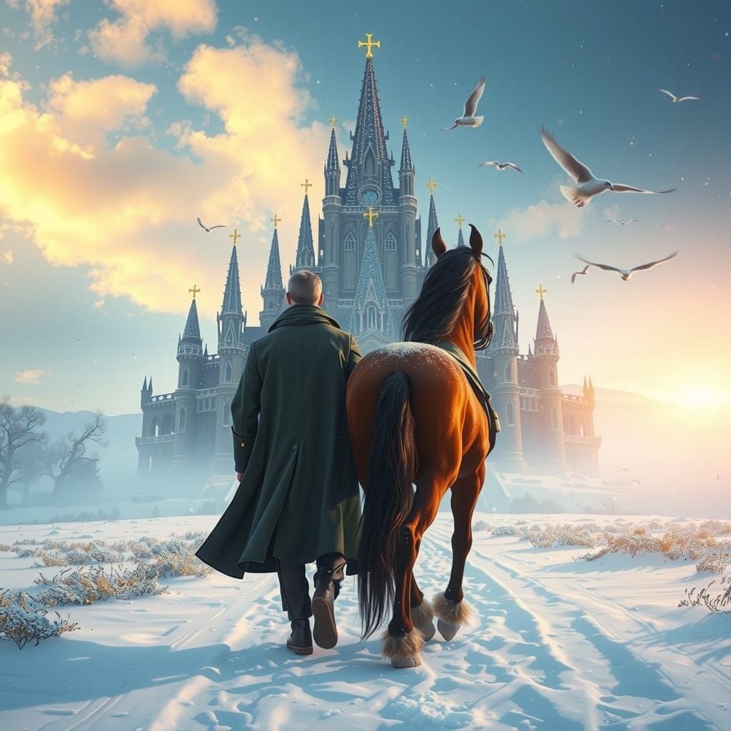 Majestic Figures Stroll Through Snowy Wonderland in Style of...