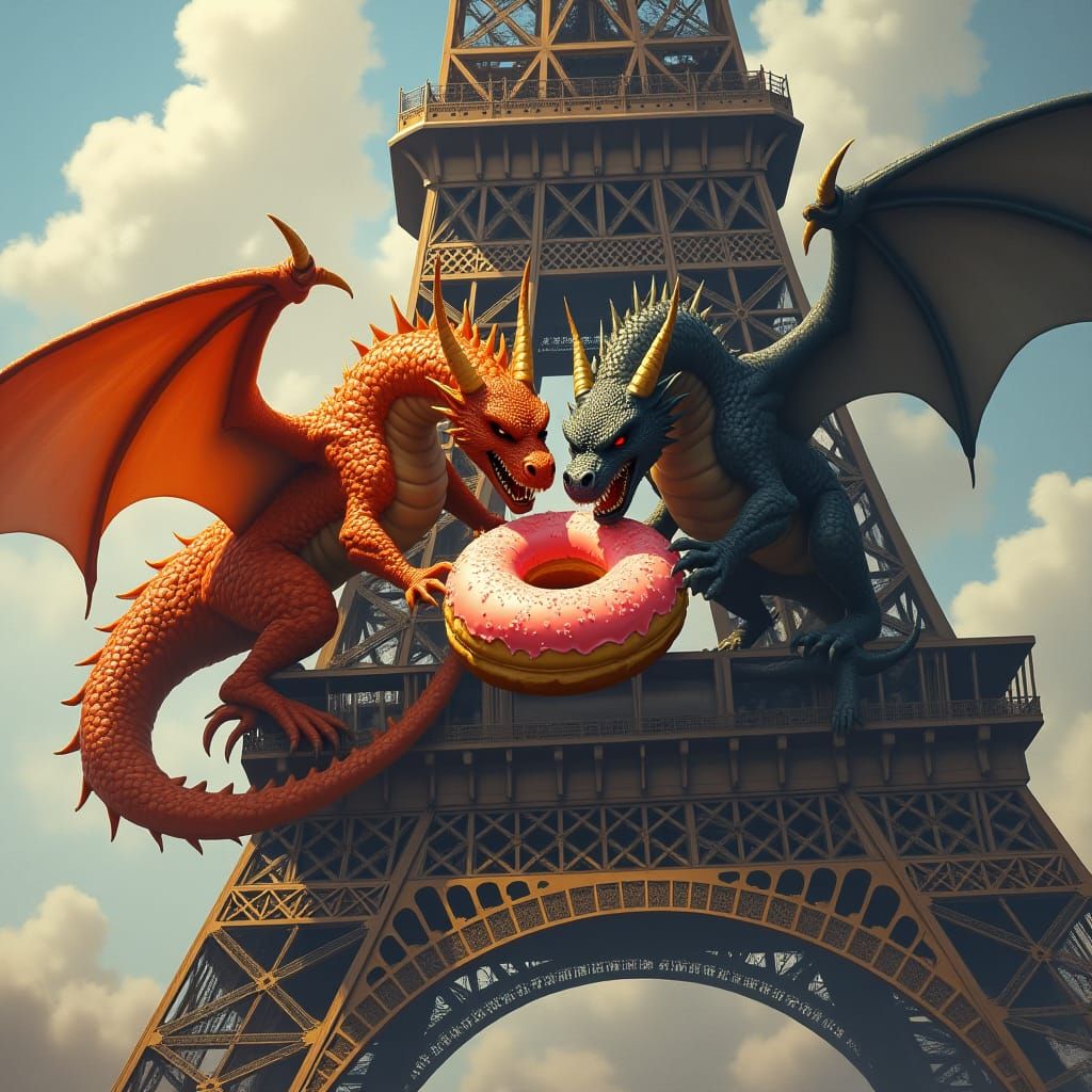 Dragons Fight Over Donut on Eiffel Tower