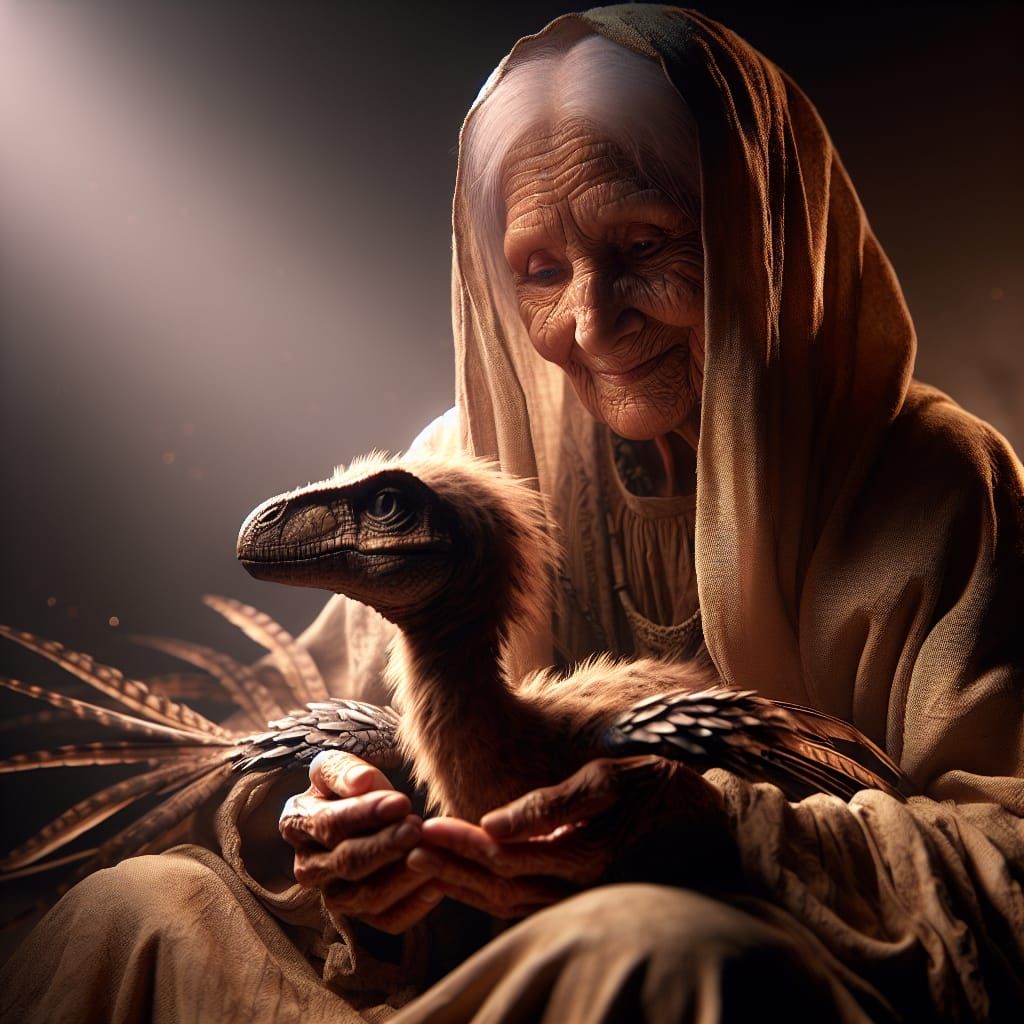 Elderly Woman Cradling Raptor Fledgling in Dark Fantasy