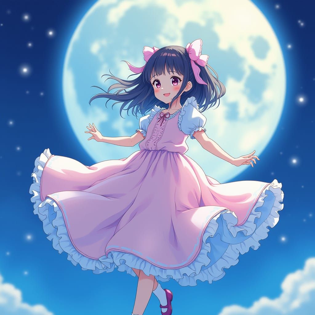 Anime Girl Soars Through Lunar Sky in Dreamy Whimsy