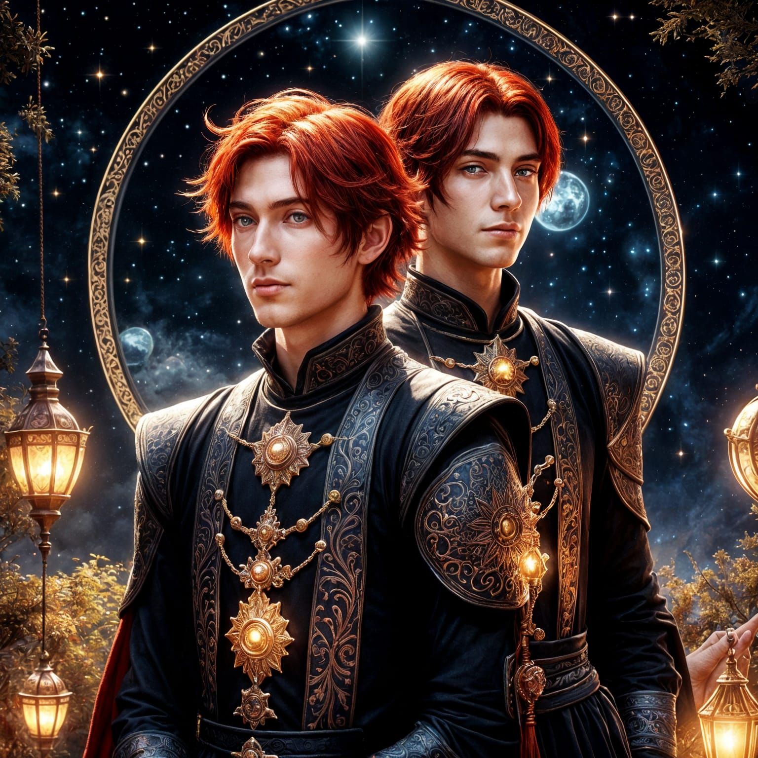 Two twin brothers. One has bright red hair, and the other has black hair. Smile. Charismatic characters in rich medieval...