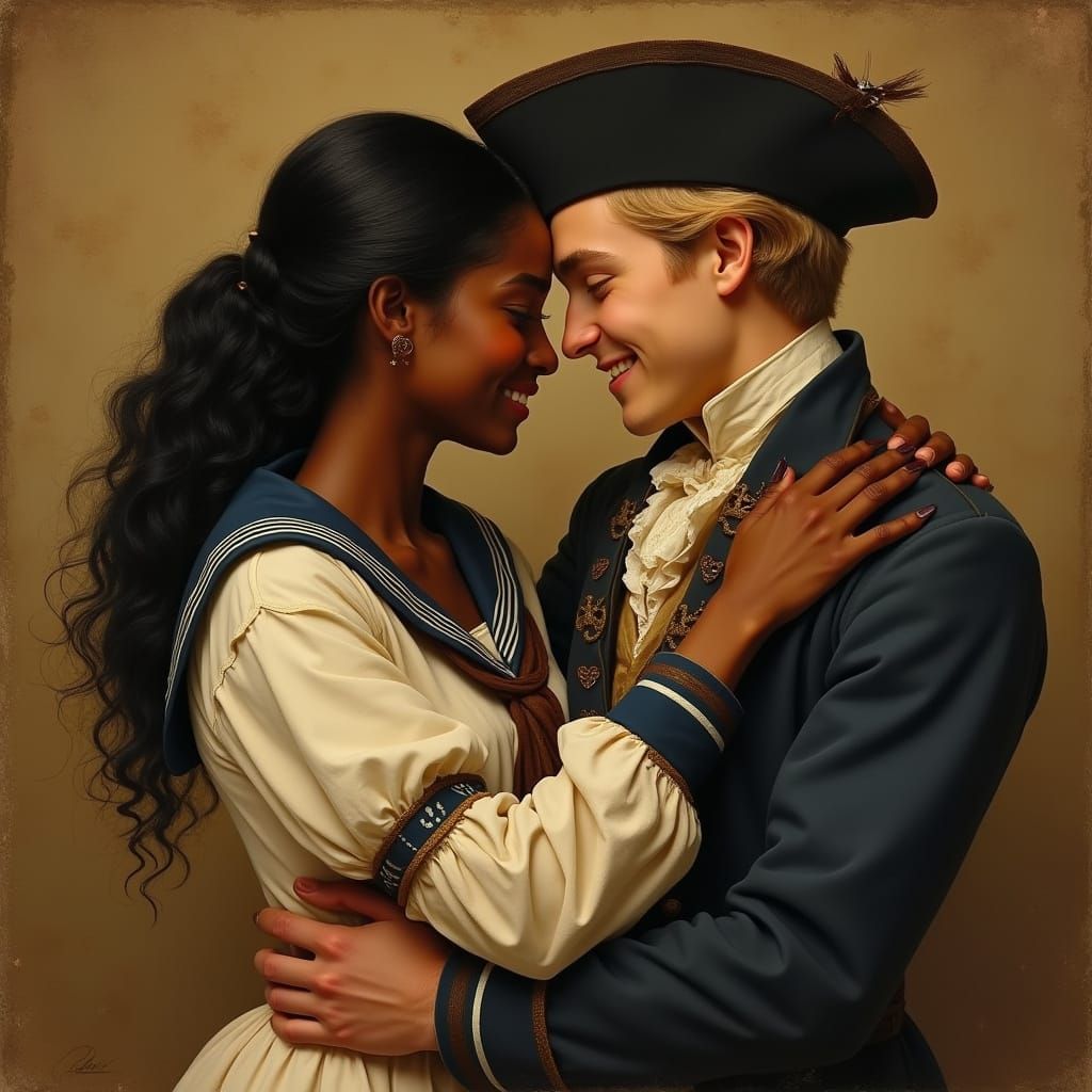 Joyful 19th-Century Couple Embracing in Warm Golden Light