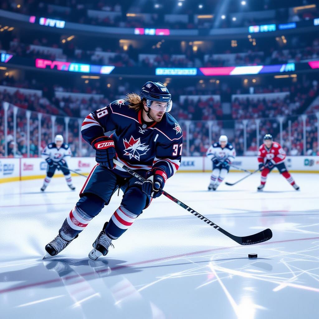 Ice Hockey Player's Sharp Turn, Neon Hues & Dynamic Textures