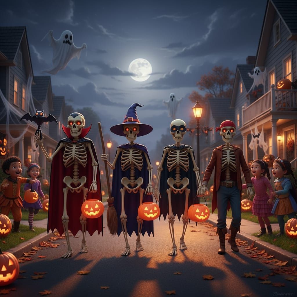 Skeletons Go Trick-or-Treating on Halloween Night