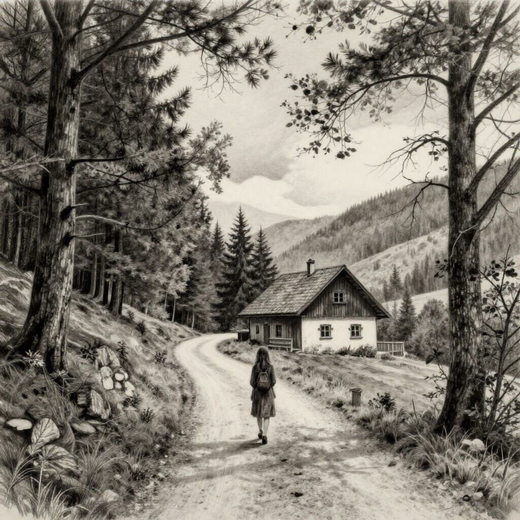 Misty Mountain Road at Sunset in Charcoal Drawing Style
